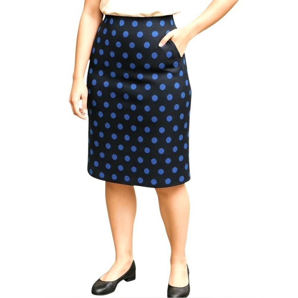 Talbots wool blend pencil skirt Black w/ blue polka dots women’s size 12 petite